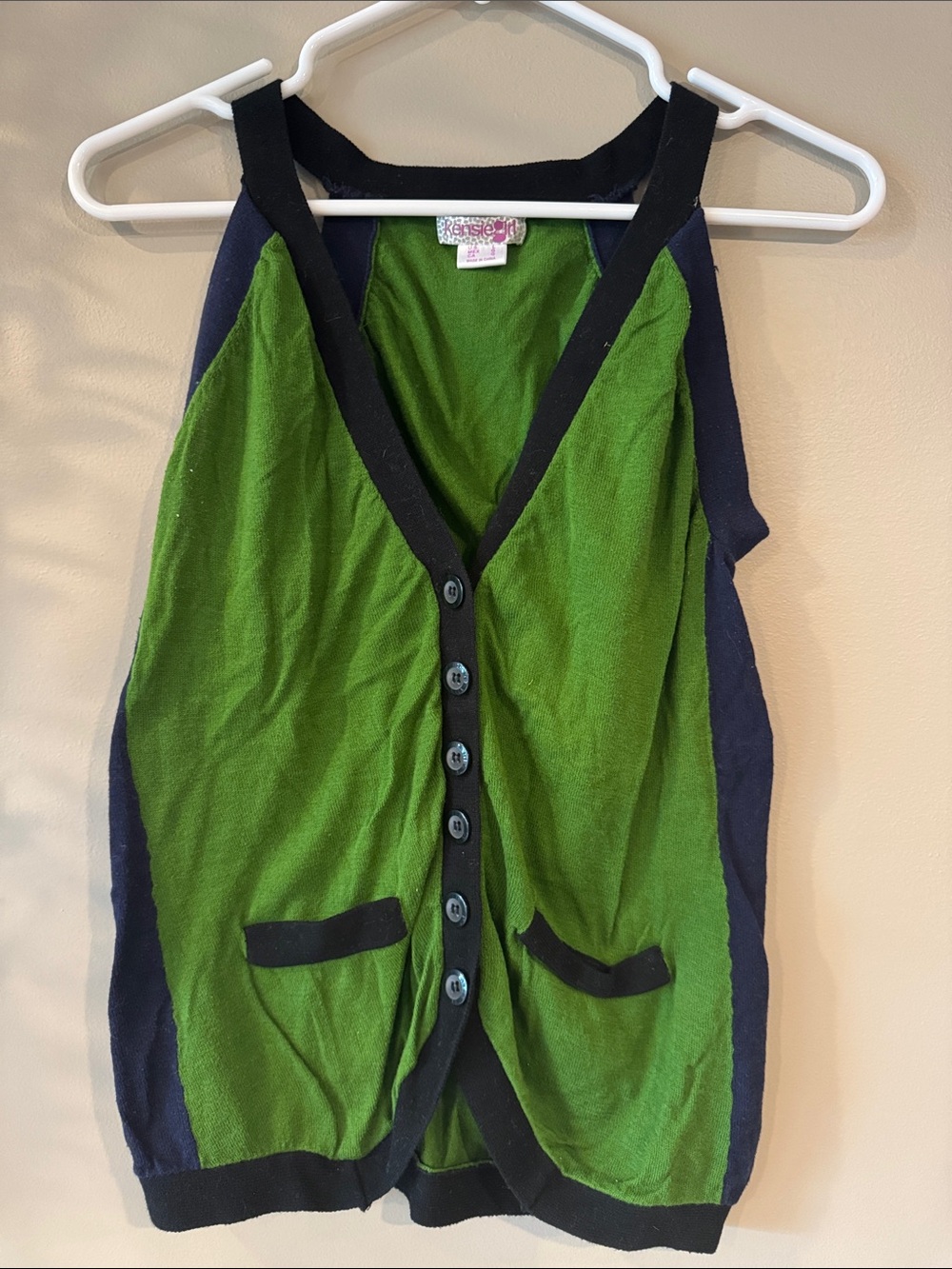 Kensie Girl Green and Navy Button-Front Sleeveless Cardigan